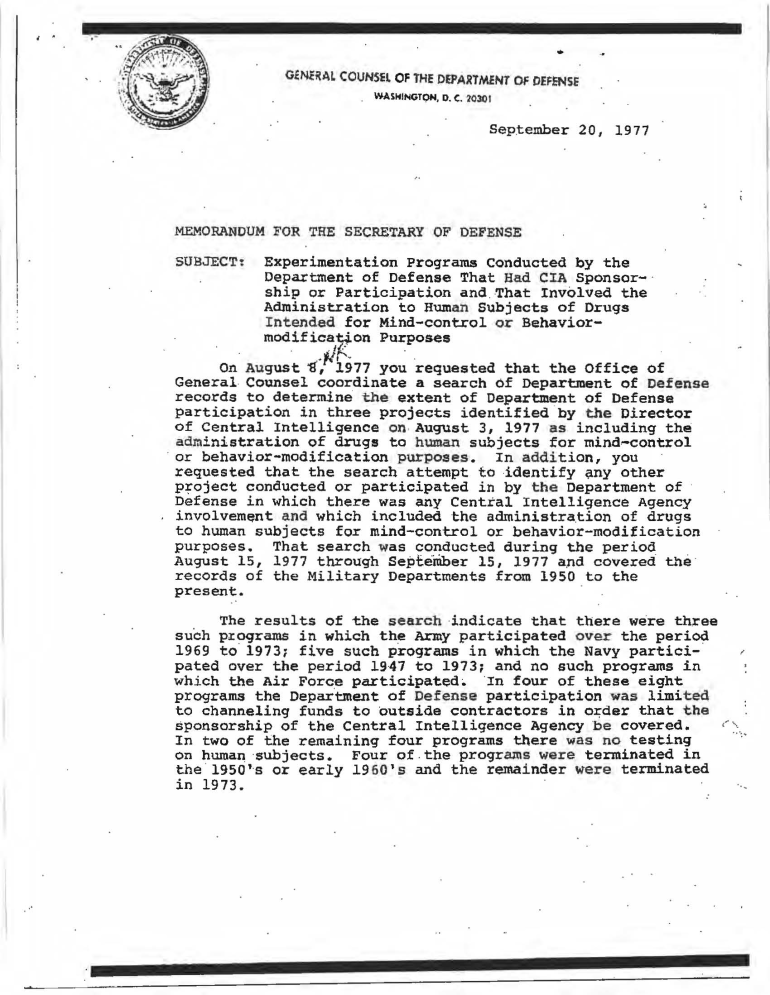 DOD report September 1977 CIA projects