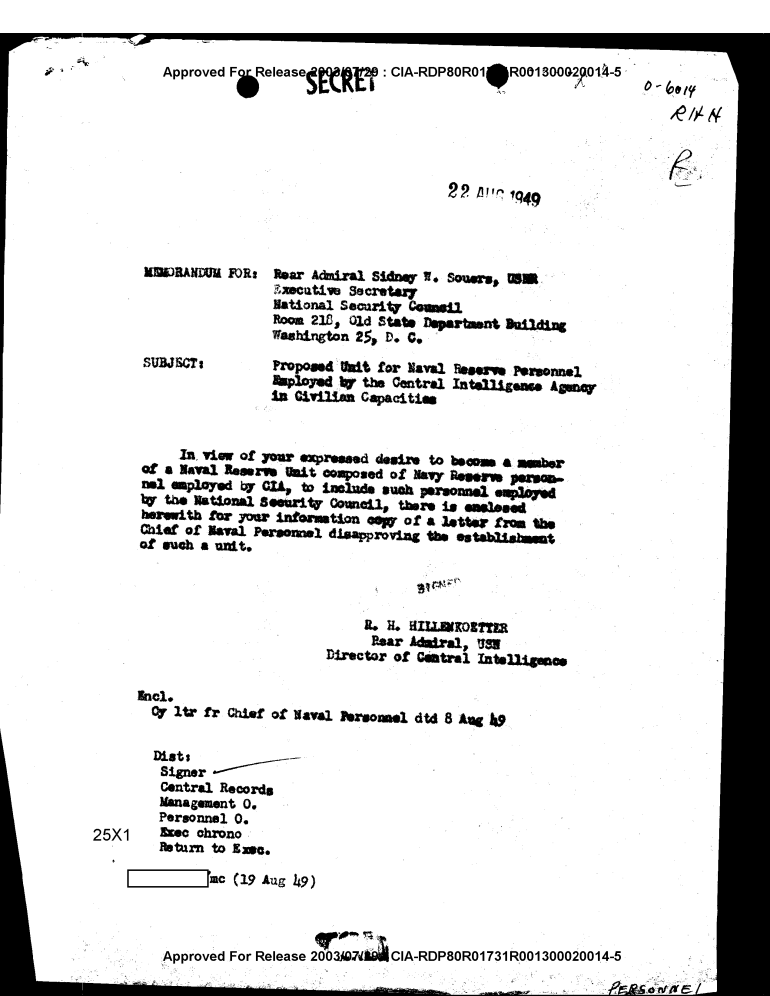 CIA declass - Hillenkoetter to Souers 22 August 1949